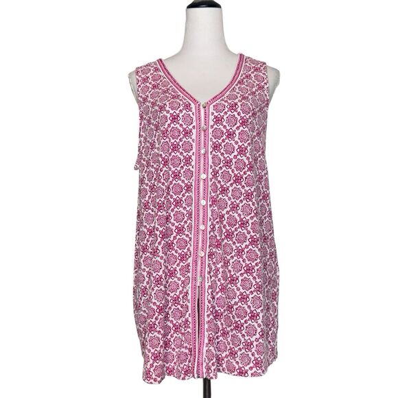 J. Jill Tops - J. Jill Moroccan Tile Button Front V-neck Tunic Top Size L Pink White Sleeveless